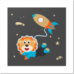 Space lion or astronaut in a space suit with cartoon style. Posters and Art